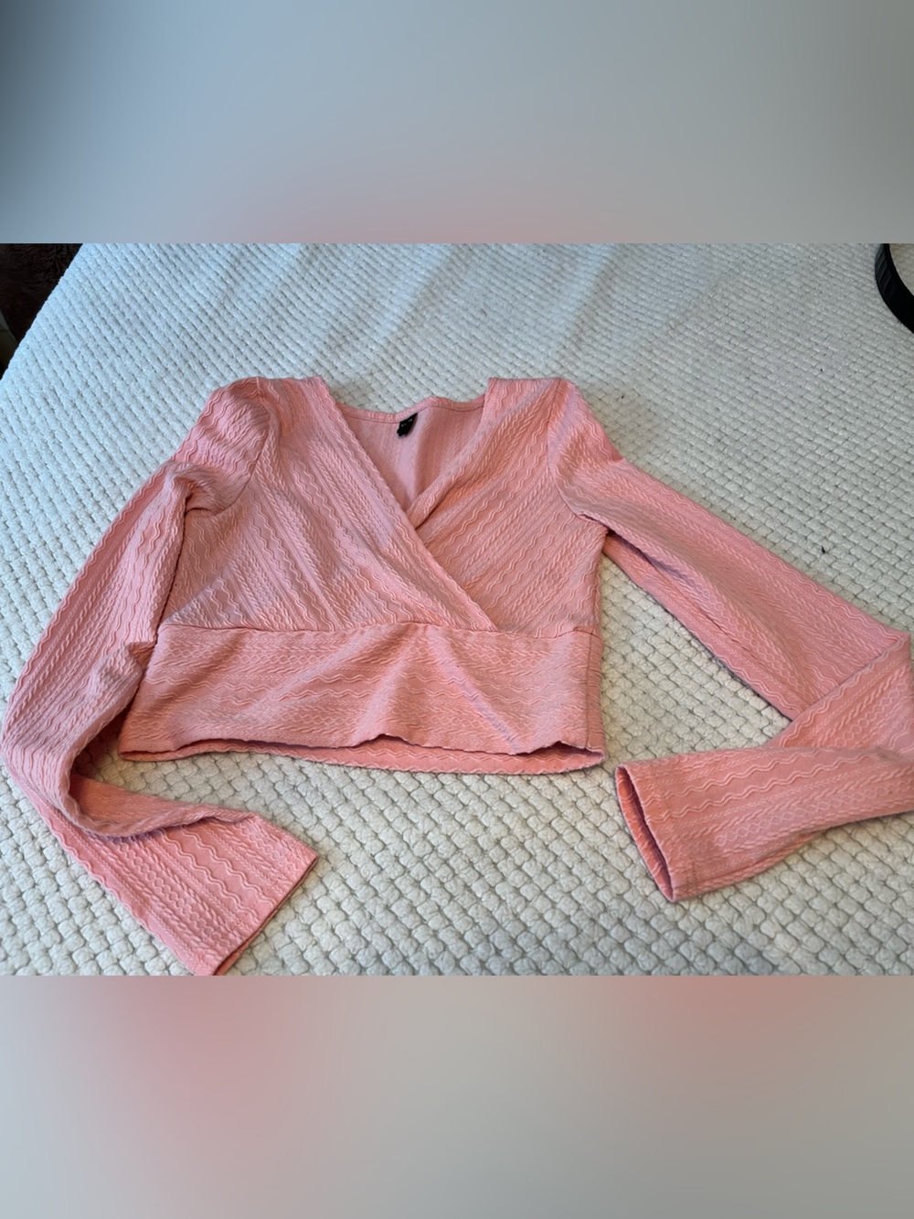 SHEIN Pink Textured V-Neck Long Sleeve Top